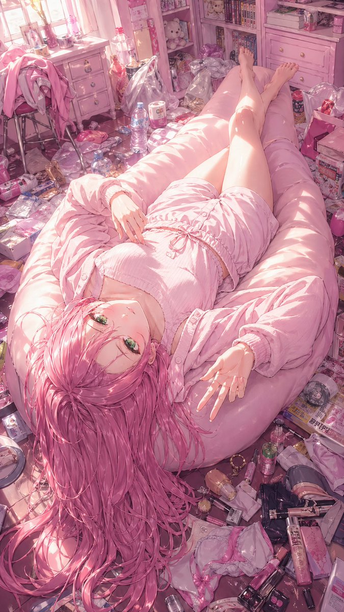 Pink Anime Girl in a Messy Bedroom