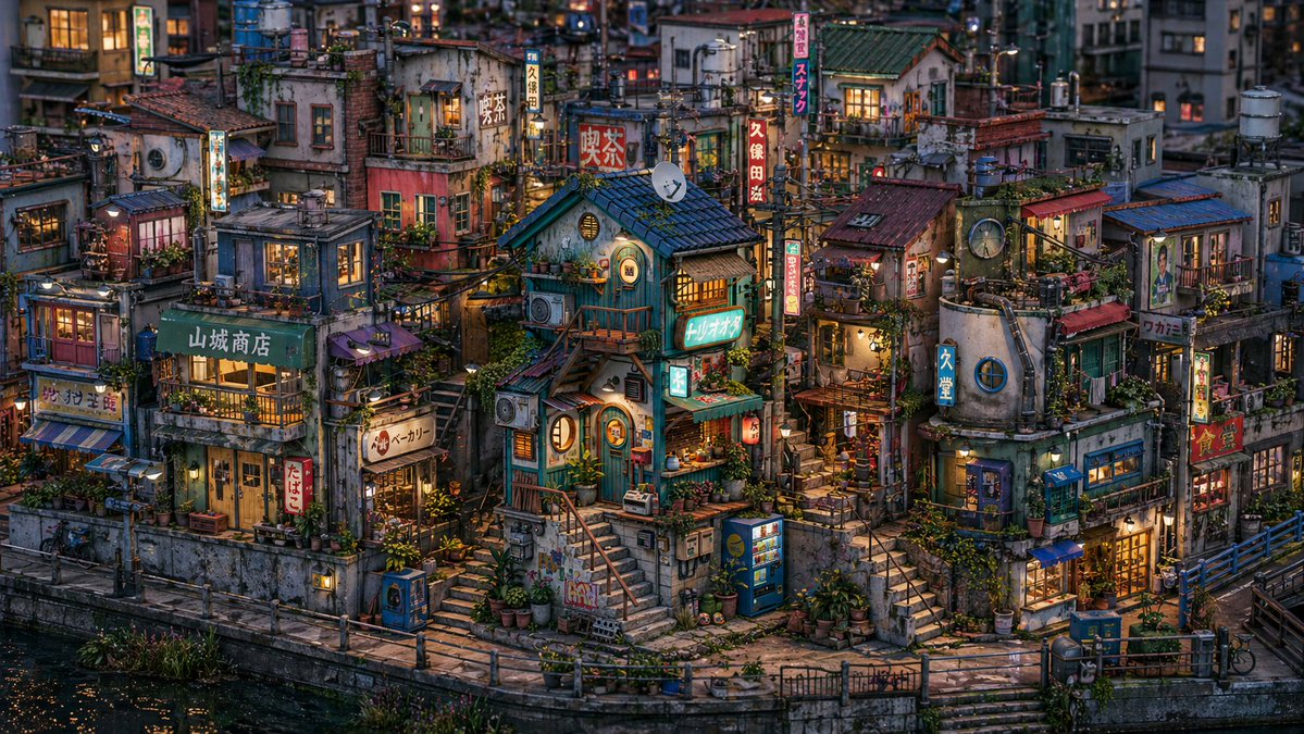 Miniature Japanese Canal Town at Dusk