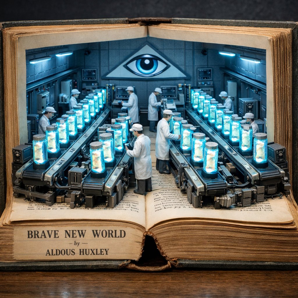 Surreal diorama emerging from an open vintage book of "Brave New World" by Aldous Huxley: the pages…