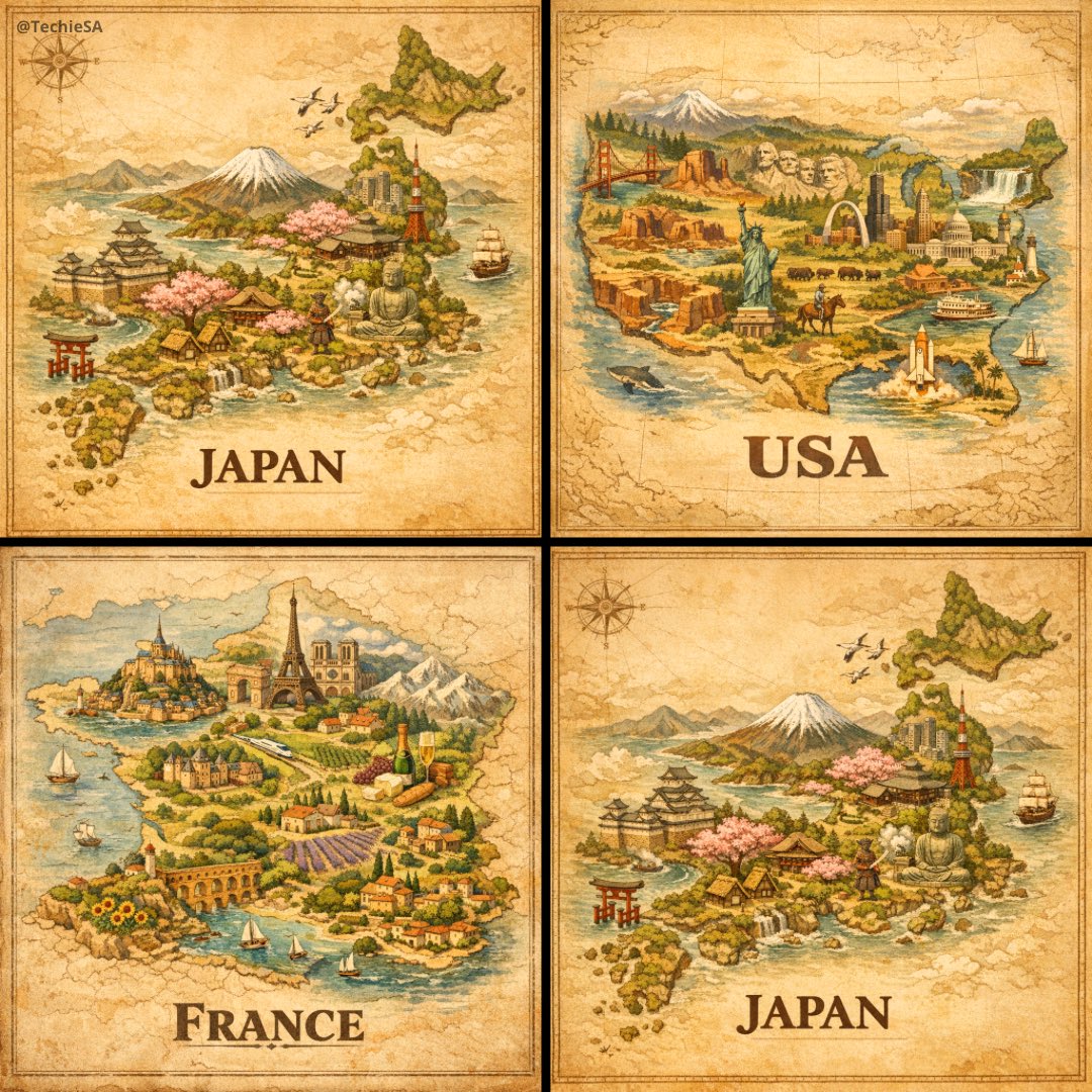 A hand-painted isometric bird’s-eye view illustration of [COUNTRY] in a vintage map style, featurin…