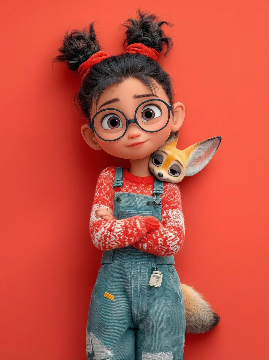 A cute 3D Pixar-style character portrait of a little girl with big expressive eyes and round glasse…