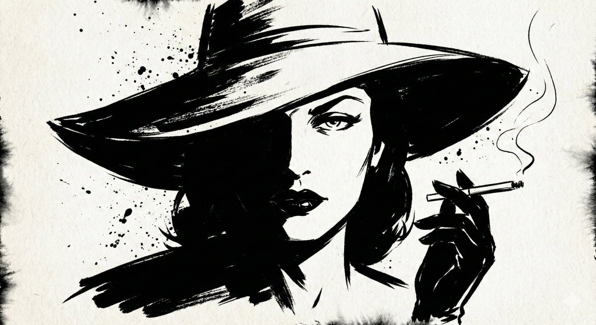 A high-contrast ink noir portrait of [SUBJECT], illustrated entirely with expressive black ink stro…
