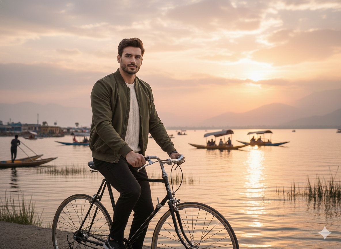 A realistic cinematic photograph of a handsome man riding a bicycle along the edge of Dal Lake at s…