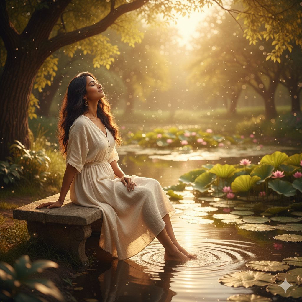 unfolds beside a tranquil pond, where gentle ripples catch the warm, golden sunlight. A young woman…