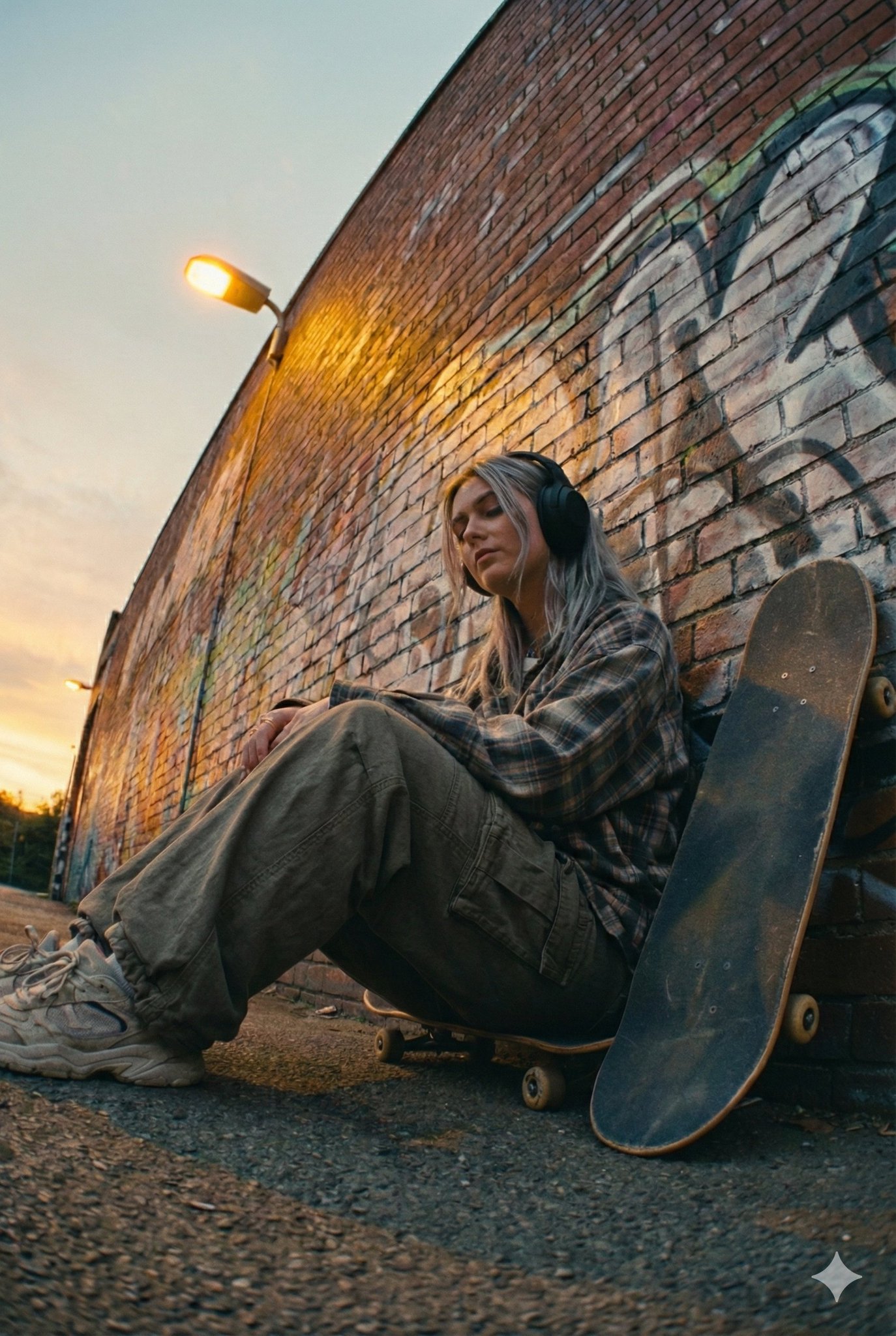 { "model": "Nano Banana Pro", "scene": "Urban street corner at dusk beside a brick wall covered in …