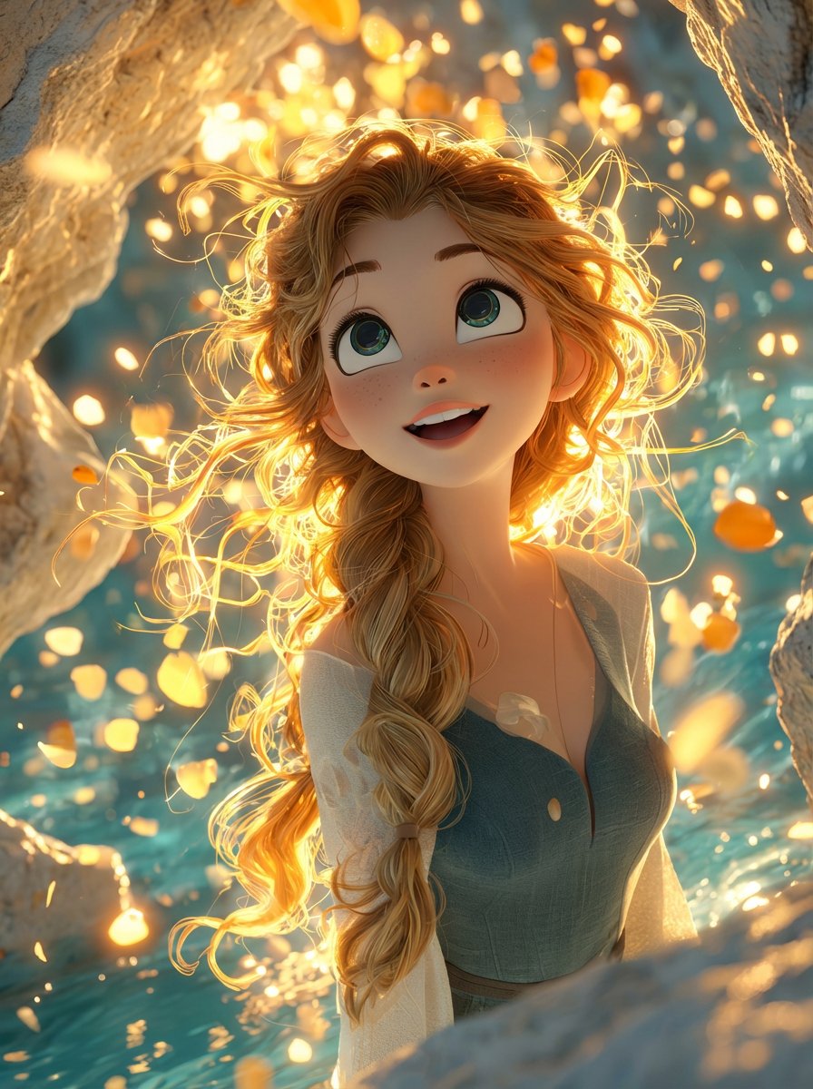 A dreamy, cinematic 3D animated girl with big expressive eyes and soft freckles, warm golden backli…