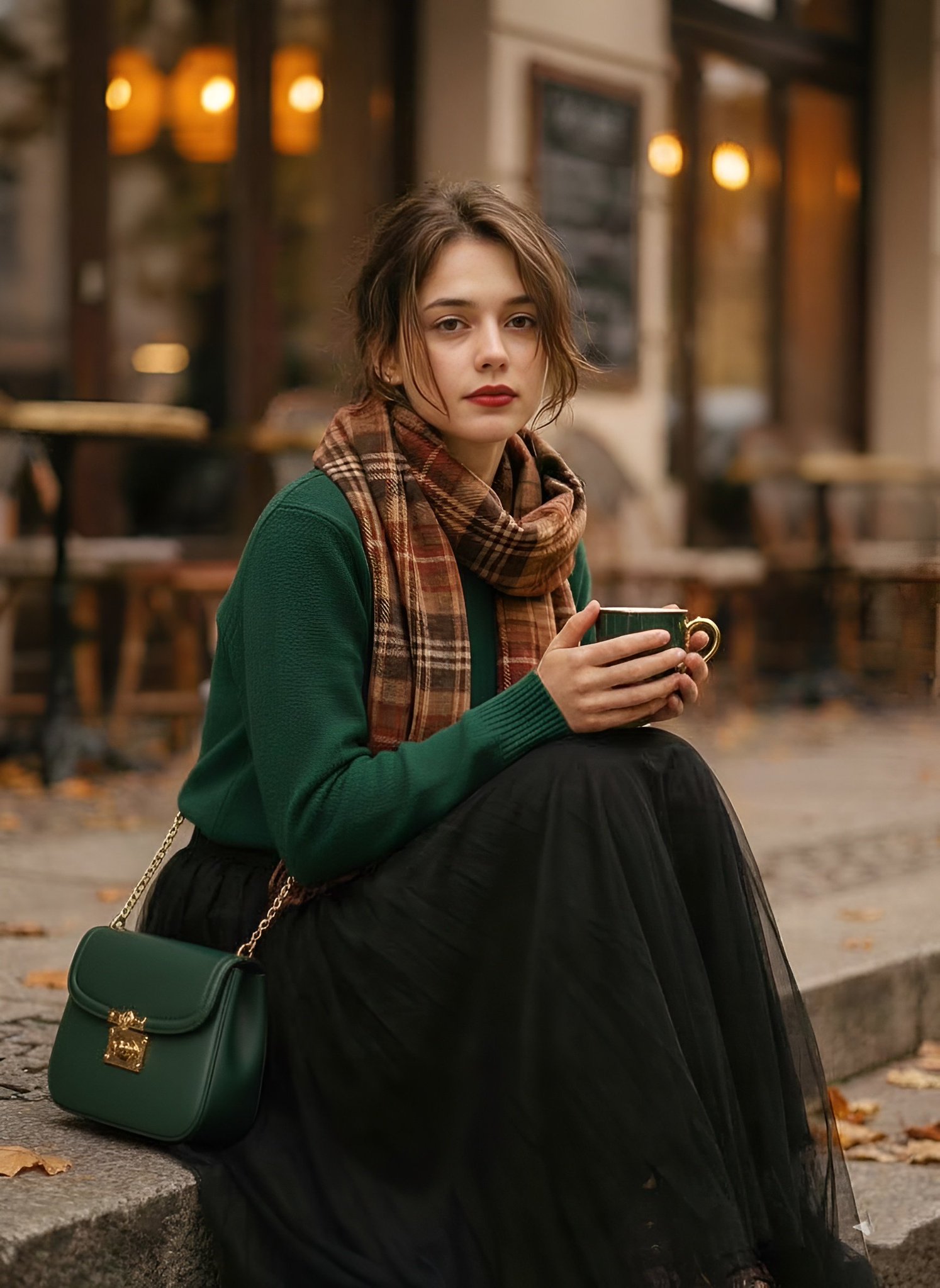 Aesthetic 1970s-inspired fashion portrait of a stylish young woman sitting on outdoor cafe steps, h…