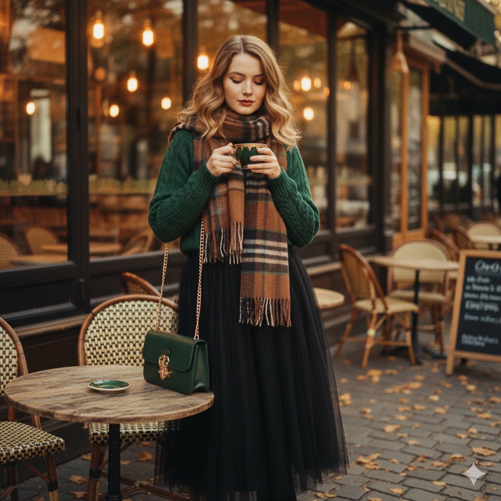 A cinematic 1970s-inspired fashion portrait of a graceful young woman seated on worn stone steps ou…