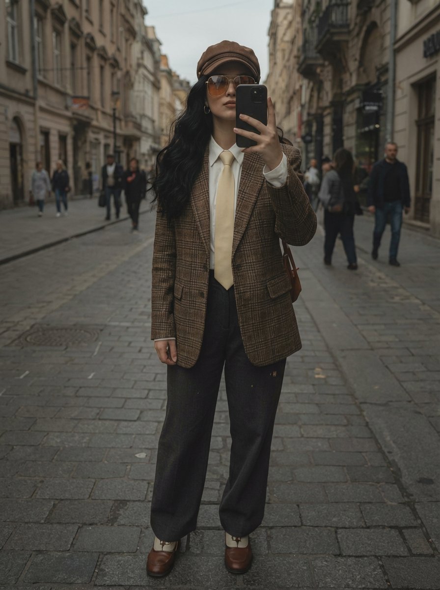 A stylish woman taking a mirror selfie on a European cobblestone street, wearing a brown tweed blaz…
