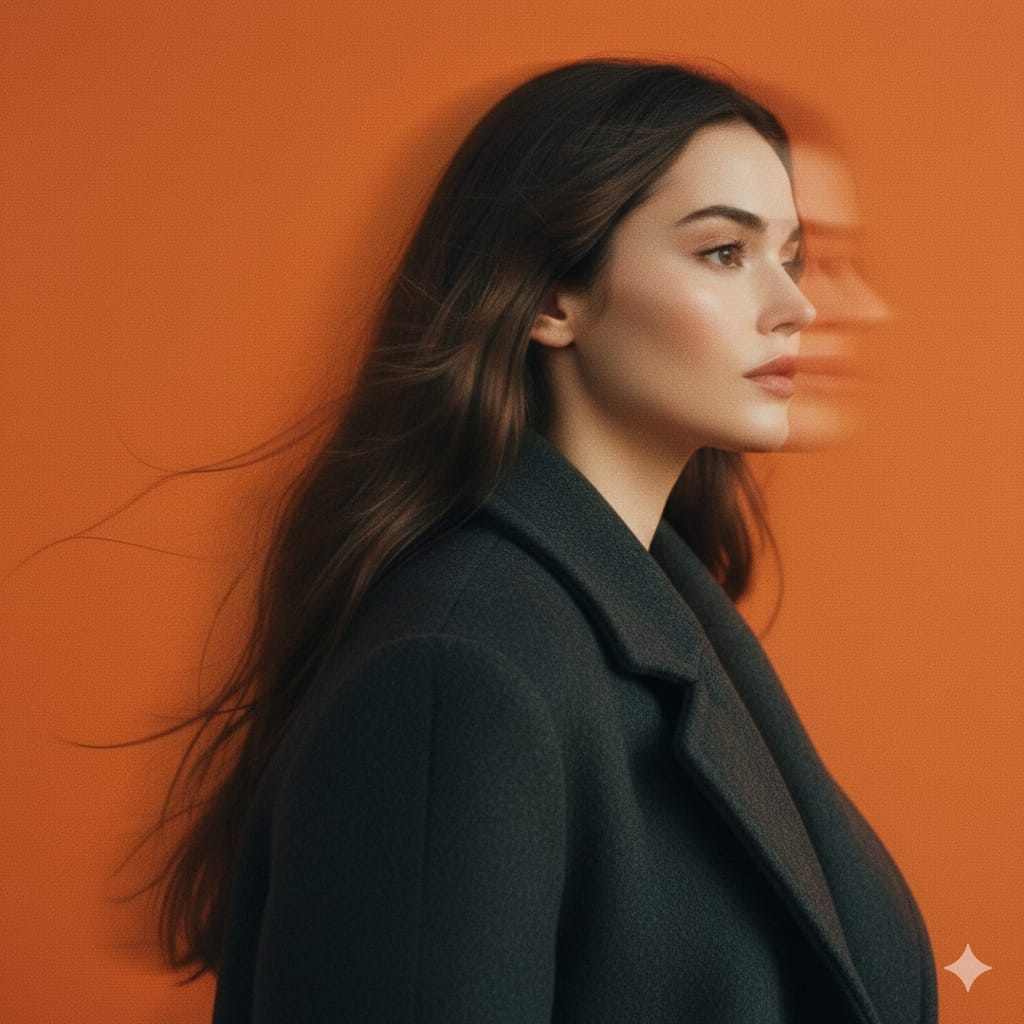 A panning studio portrait of a mysterious female figure captured in side profile, her head subtly t…
