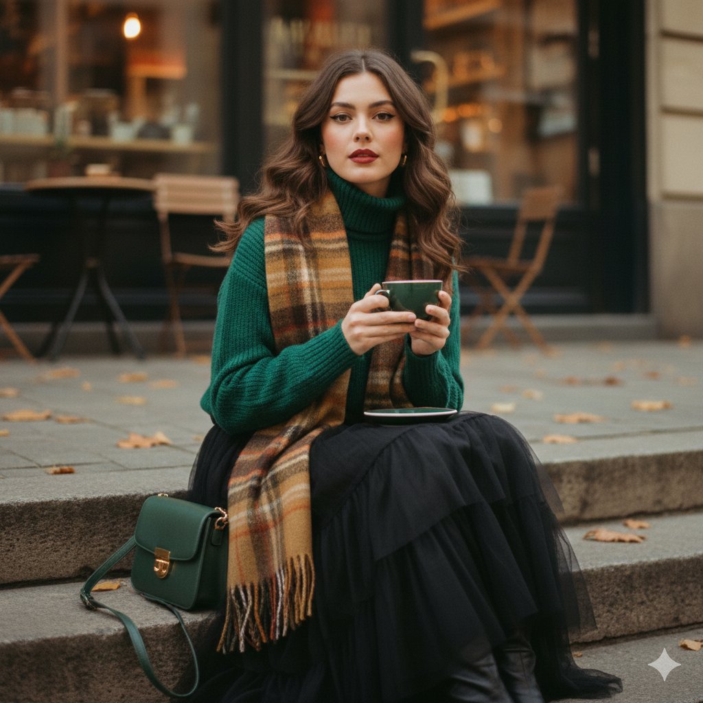 A cinematic 1970s-inspired fashion portrait of a young woman seated on worn stone steps outside a c…