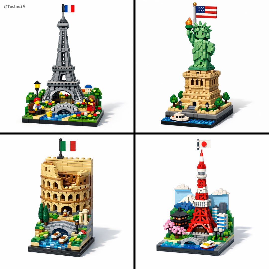 A vertical LEGO diorama showing [LANDMARK], [COUNTRY]). The scene is built entirely from LEGO brick…