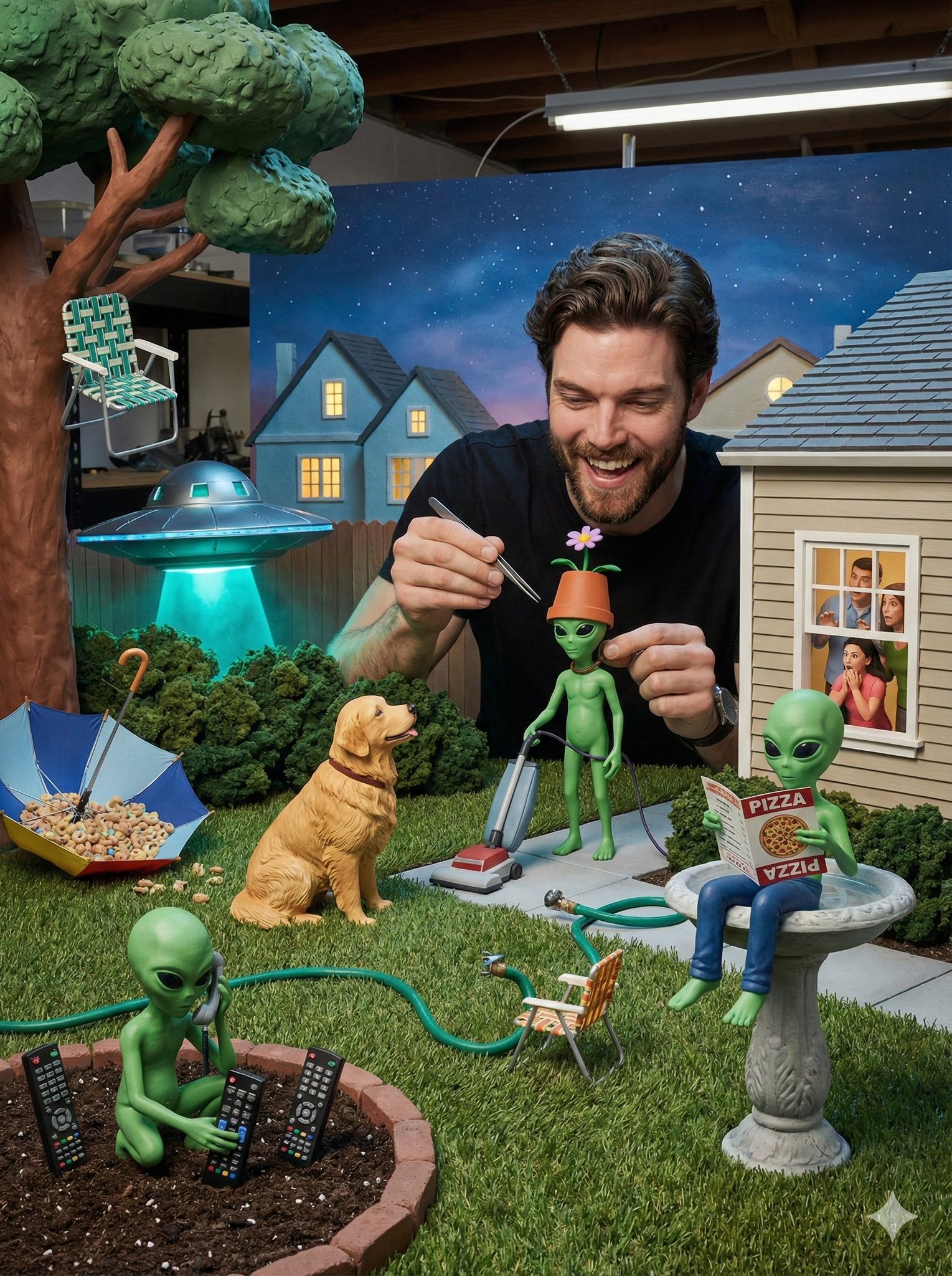 Professional photography, medium-wide shot. A massive, realistic diorama world filling the entire w…