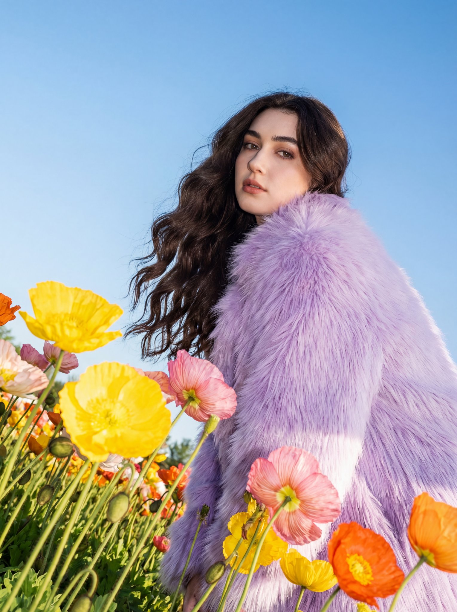 Use this photo attached to create a striking outdoor fashion portrait set in a vibrant flower field…