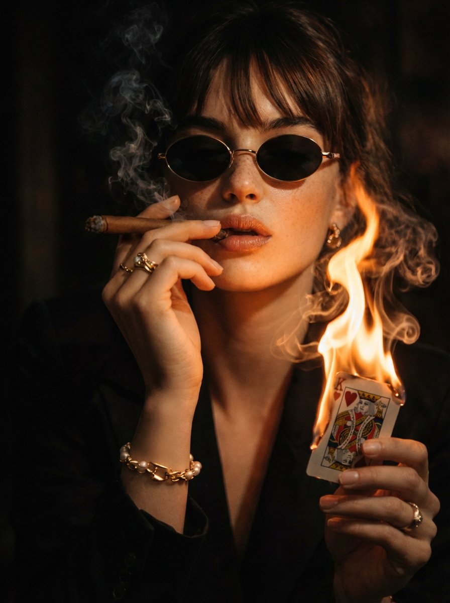 A cinematic, moody portrait of a stylish women in dark suit and oval sunglasses, smoking a thin med…