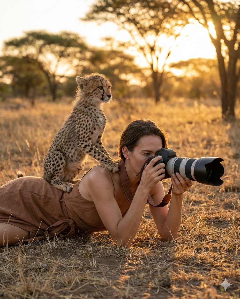 Ultra-realistic wildlife photography scene: An elegant woman in a minimal earthy-toned wrap dress w…
