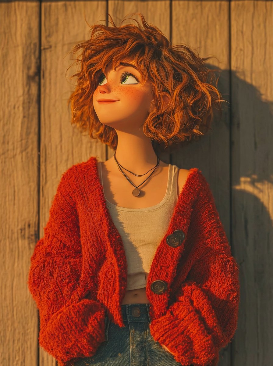 1. A stylized 3D animated girl with short messy curly ginger hair, light freckles across her cheeks…