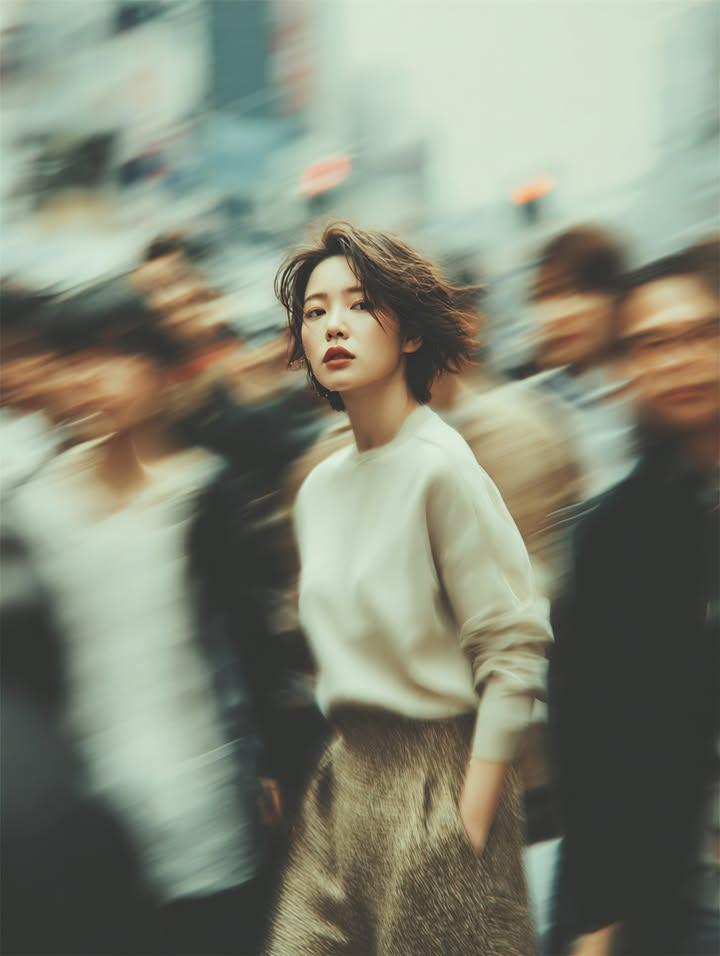 A cinematic street portrait of a young woman standing still in a busy urban crowd, captured with mo…