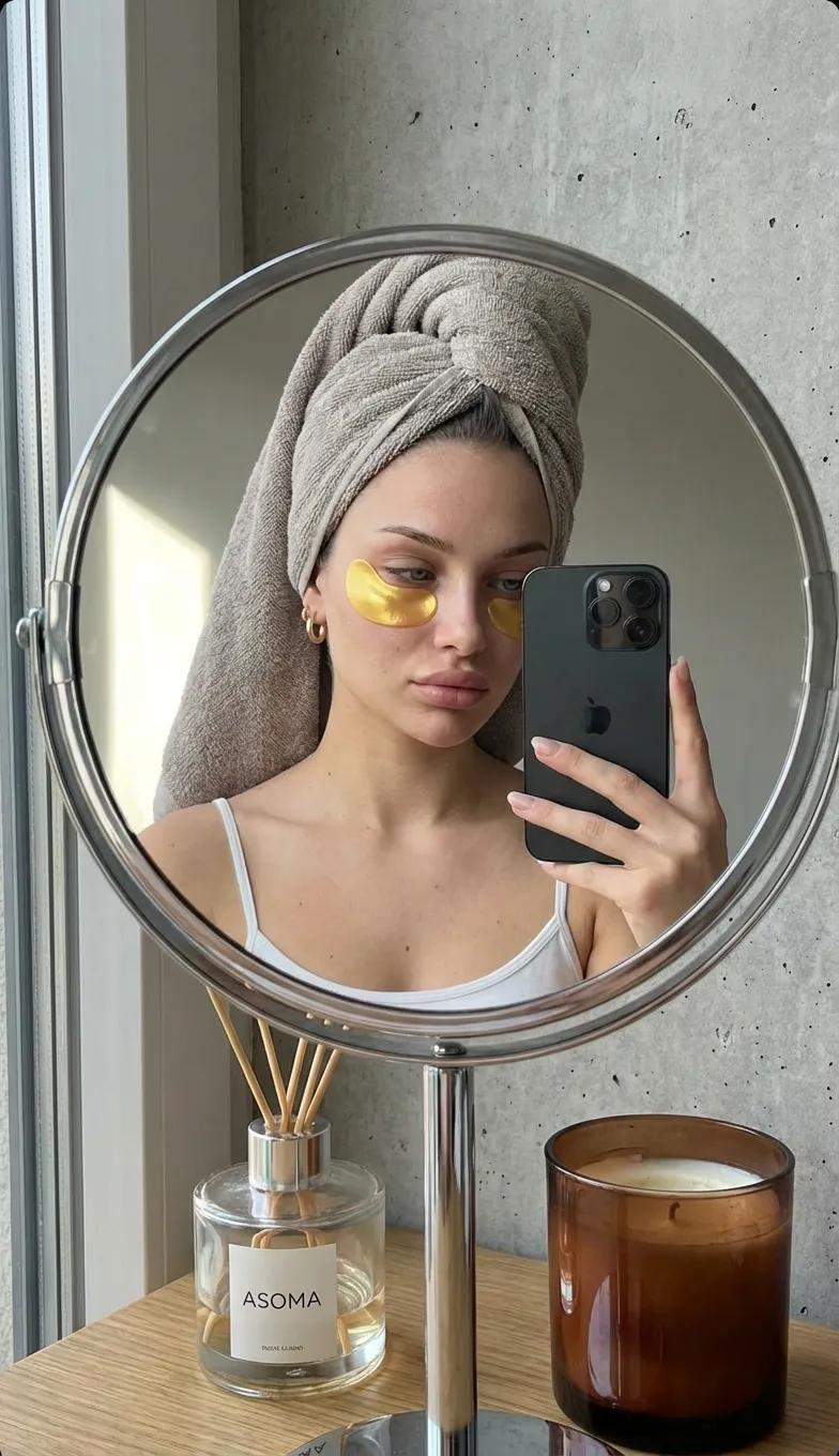 A highly realistic mirror selfie of a young woman taken through the reflection of a round tabletop …