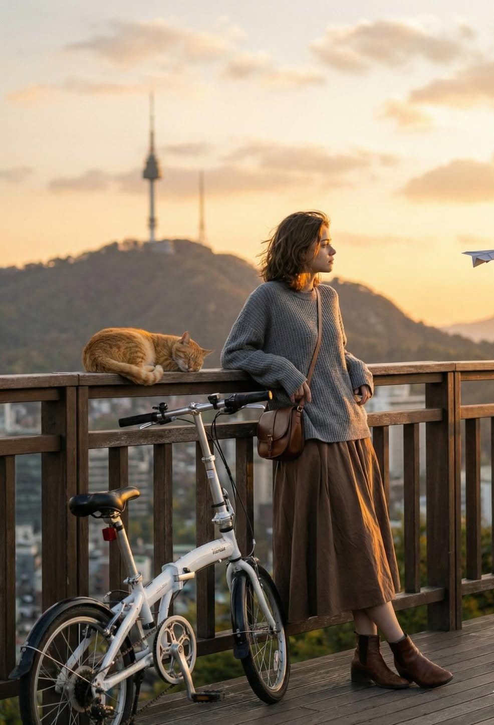A cinematic golden-hour photograph of a young woman standing on a wooden viewpoint balcony overlook…