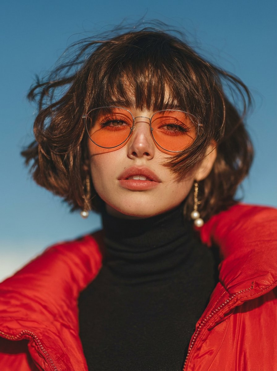 A cinematic fashion portrait of a young woman with a short wavy bob haircut and wispy bangs, wearin…