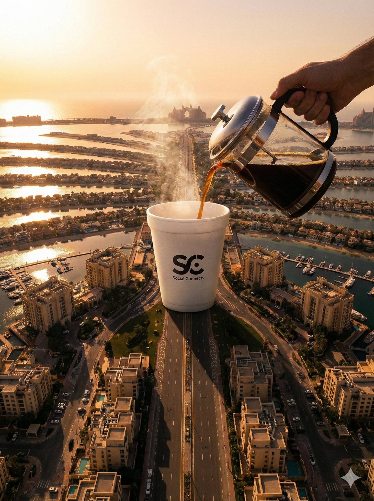 An aerial photograph captures a surreal scene where a giant white foam cup, branded with the 'SC So…
