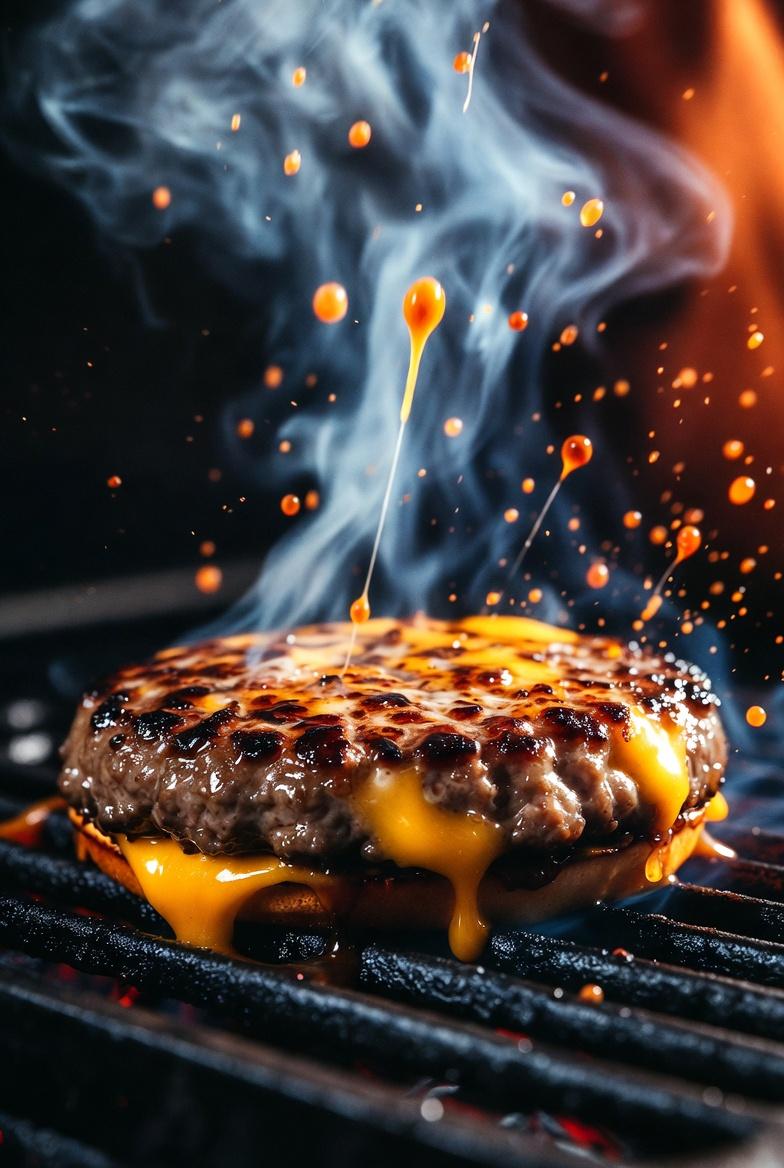 A hyper-realistic, cinematic close-up of a sizzling gourmet cheeseburger. The thick, juicy beef pat…