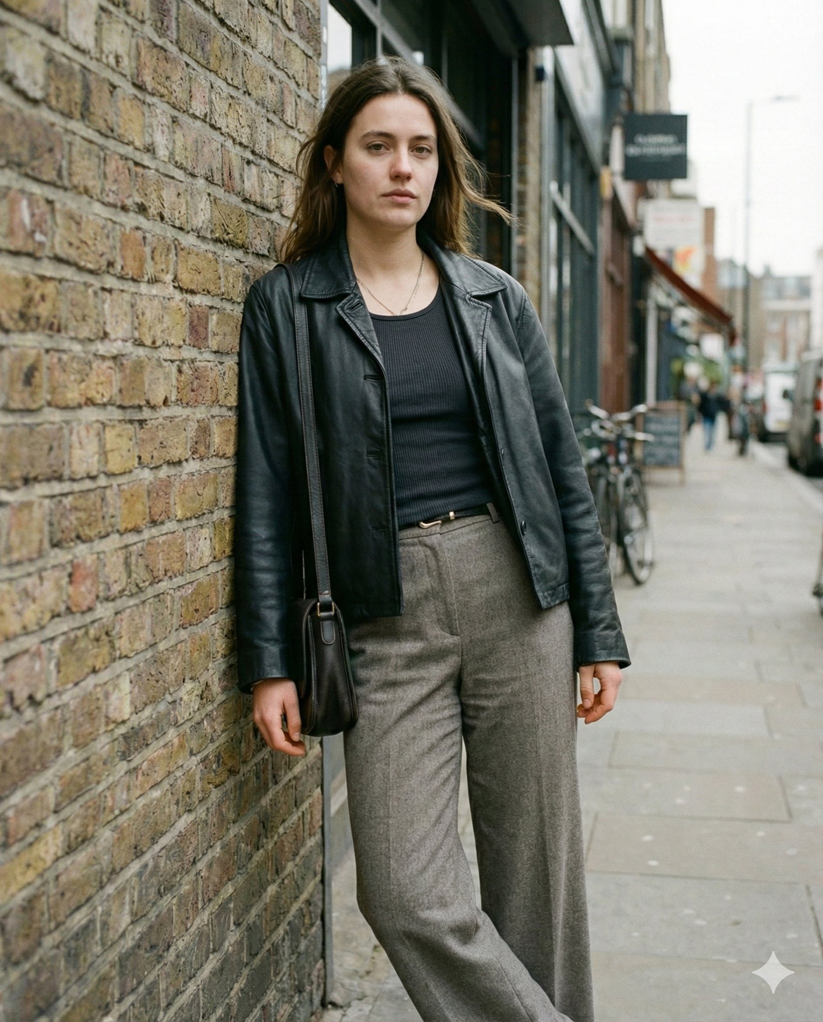 { "scene": "Urban street portrait on a quiet city sidewalk", "subject": { "gender": "female", "age_…