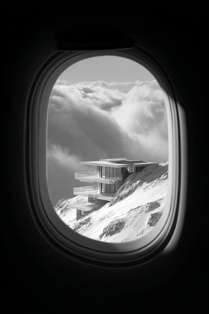a window looking out an airplane and you can see a 4k image of a futuistic, very modern house on to…