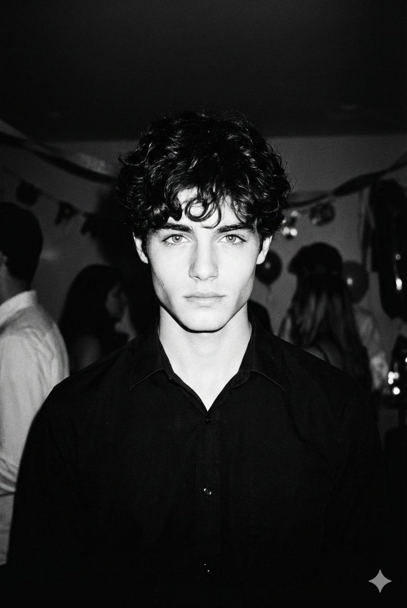 High-contrast black and white photo taken with a 1990s disposable camera at a dark house party. A h…