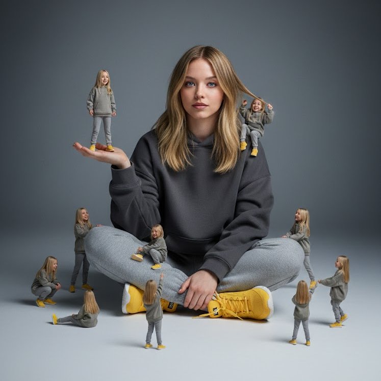 A creative surreal image of a woman sitting on the ground, wearing a dark yellow hoodie, gray pants…