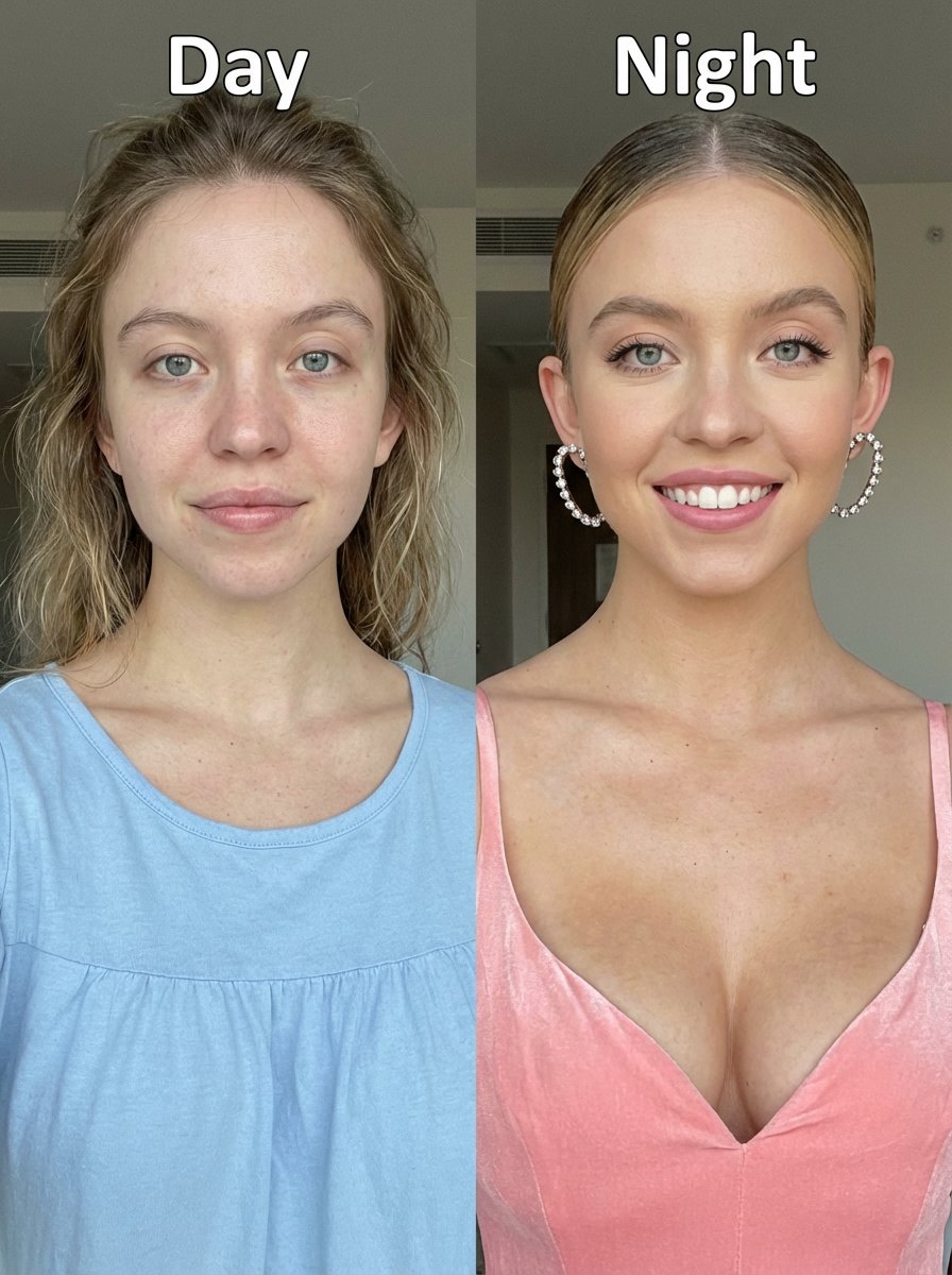 Before-and-after upper-body portrait photo of Sydney Sweeney, smiling in both images, split vertica…
