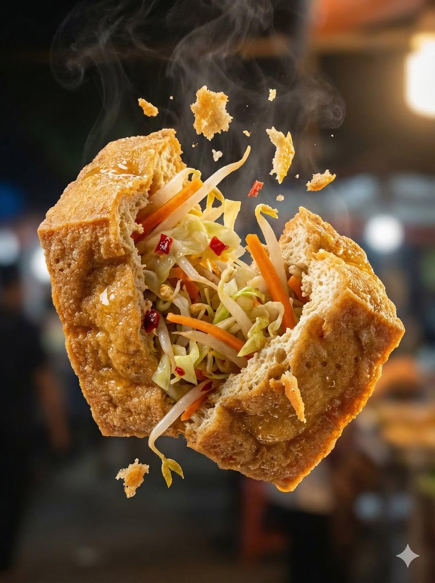 Macro food photography of a crispy martabak telur tearing open mid-air, thin golden wrapper shatter…