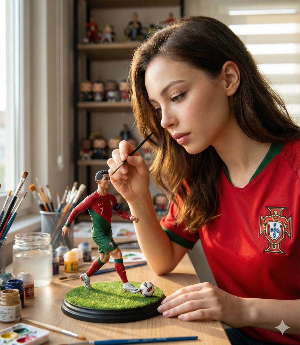 A hyper-realistic cinematic scene of a woman carefully painting a miniature football figurine of Cr…