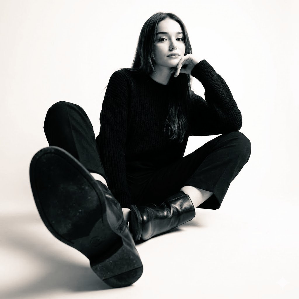 High-contrast black-and-white studio photo of a woman seated on the floor wearing a black sweater, …