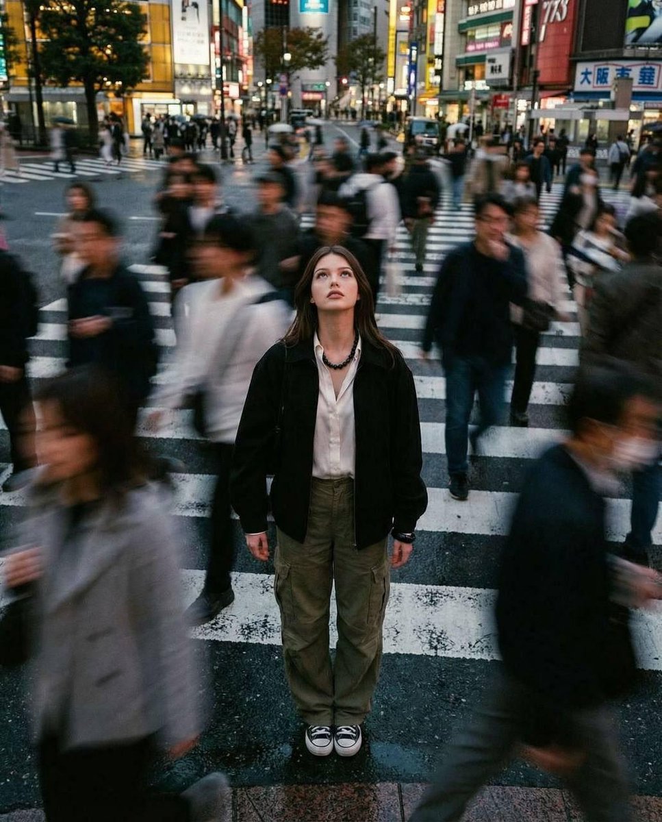 Cinematic street photography capturing a moment in motion with a crowd blur effect. Overhead portra…