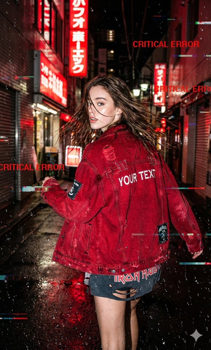 A raw, candid street-style shot of reference running through a rain-soaked Neo-Tokyo alleyway, glan…