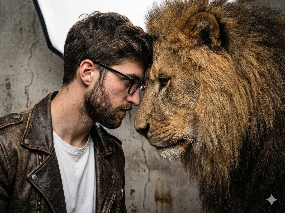 A gritty, intense portrait of a man, a friend of real lion, captured in a raw, hyper-realistic styl…