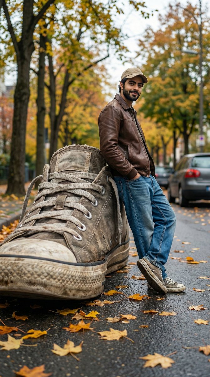 A cinematic forced-perspective street photography scene where a giant worn-out sneaker appears enor…