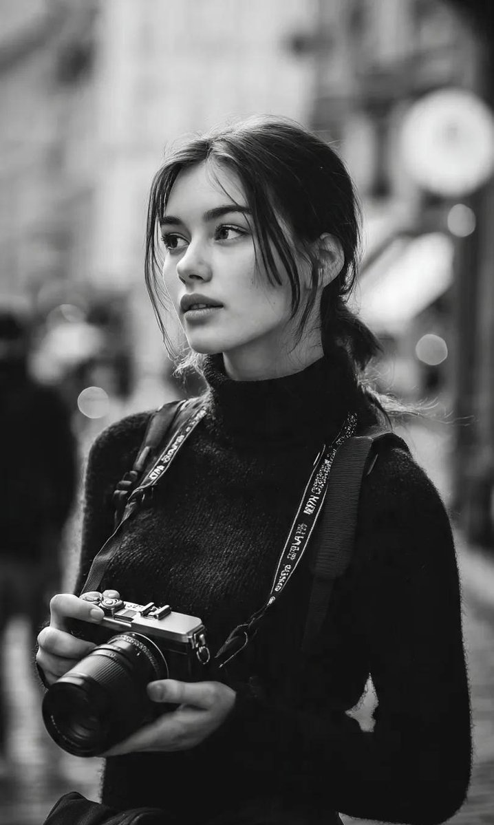 A cinematic black-and-white street portrait of a young woman photographer standing in a city street…