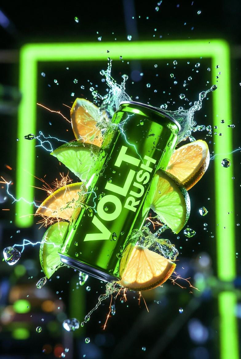 Ultra-cinematic product photography of a neon-green energy drink can labeled “VOLT RUSH”, tilted at…