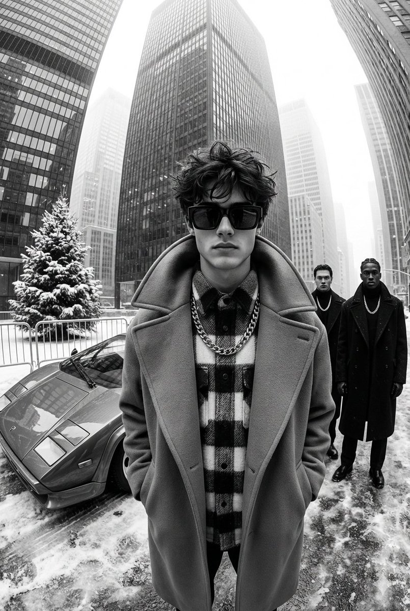 A black-and-white, high-contrast, ultra-glamorous street fashion editorial photograph taken with an…