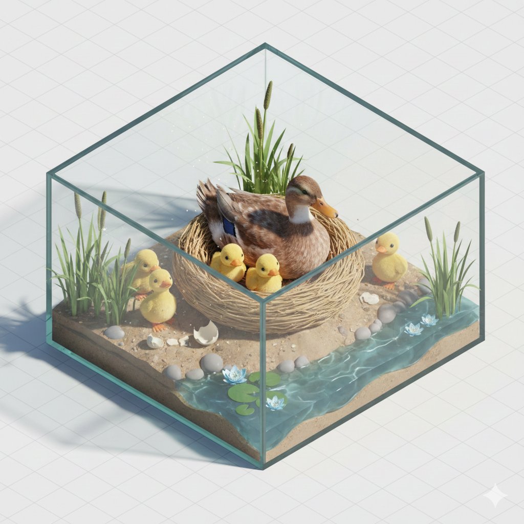 Isometric miniature nature diorama showing a mother [PARROT] feeding newborn chicks in a nest on a …