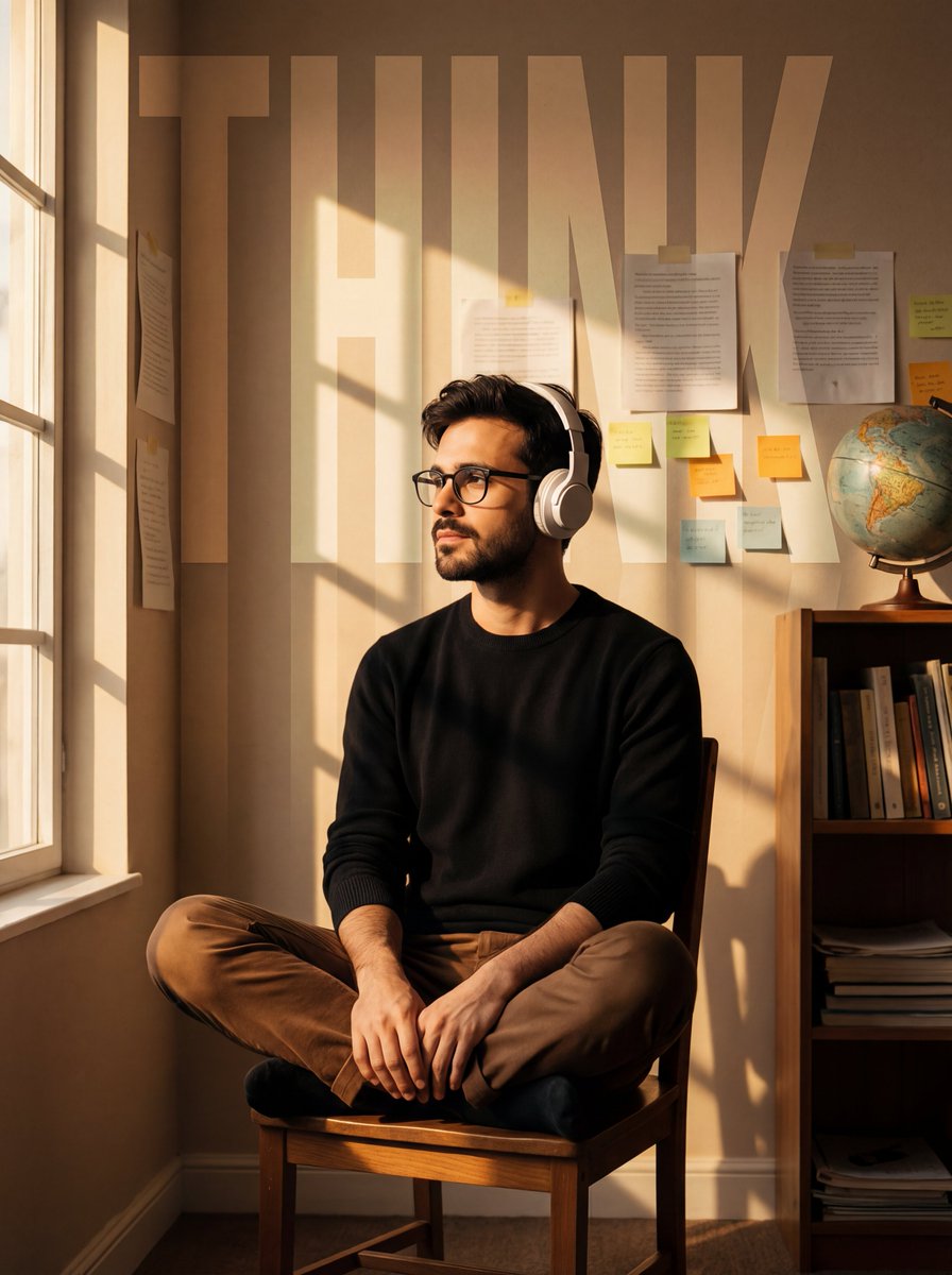 A cinematic portrait of a young man in the uploaded image sitting cross-legged on a simple wooden c…