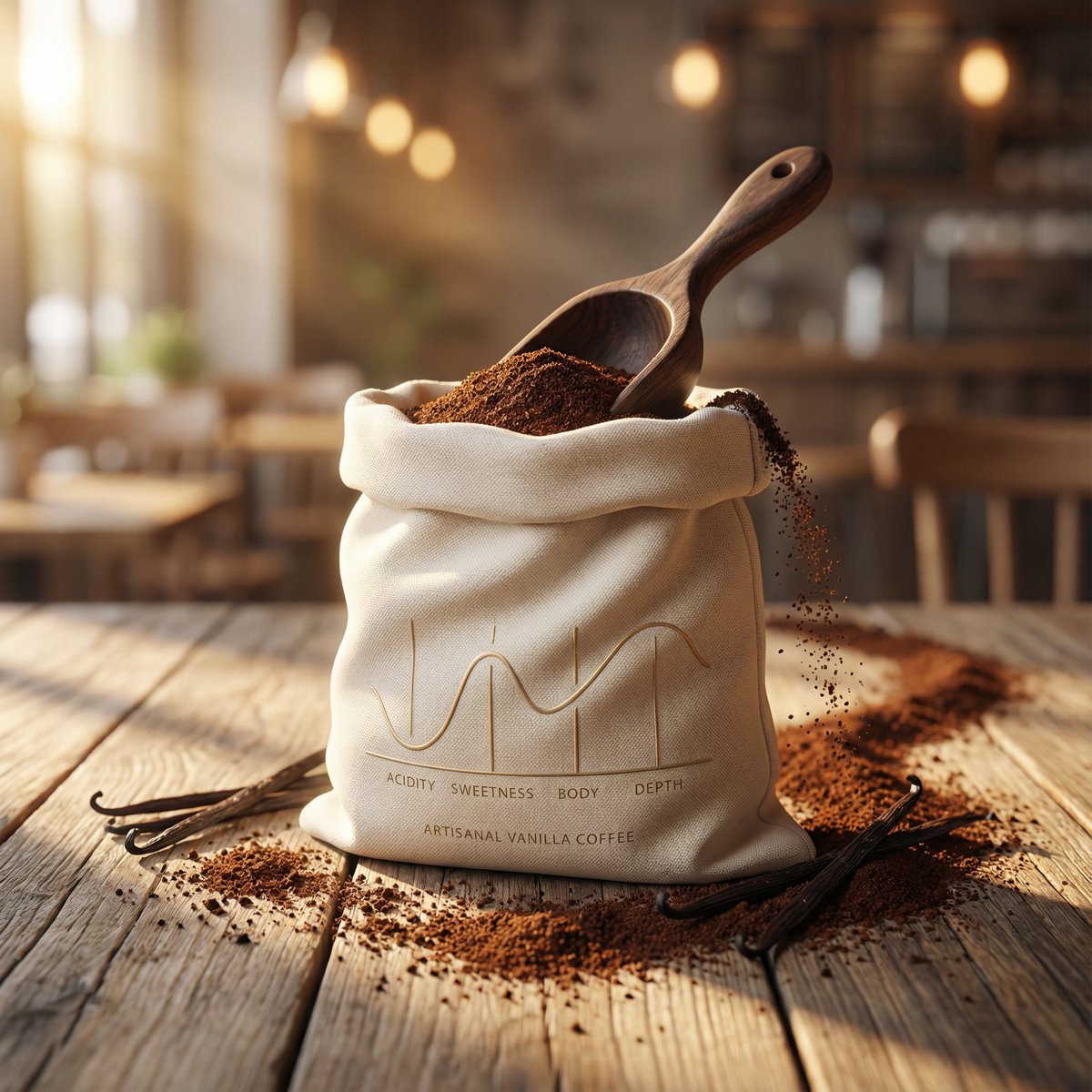 Luxury product photography of artisanal vanilla ground coffee packaged in a soft sculpted ivory pou…