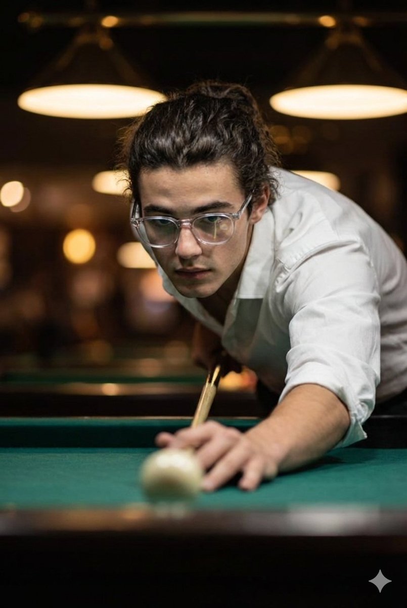 Cinematic ultra-realistic close-up of a man taking a billiards shot, captured in a tense, mid-focus…