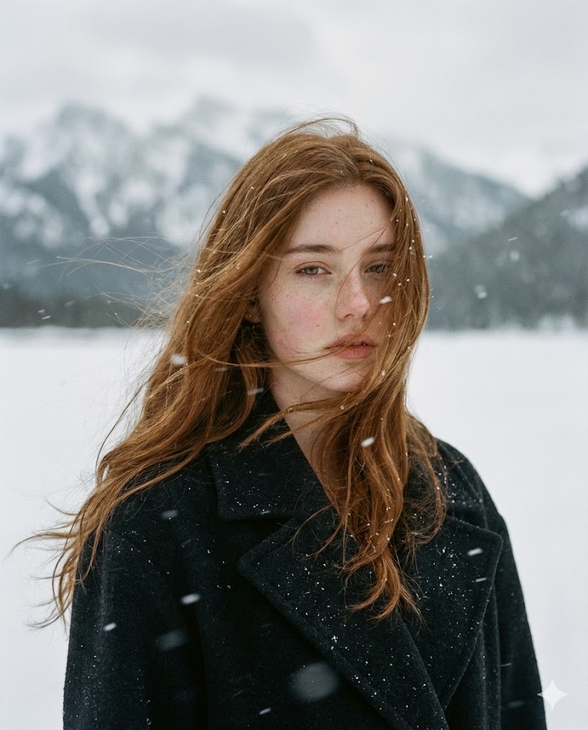 A poetic cinematic portrait of a young woman standing alone in a vast snowy landscape, surrounded b…