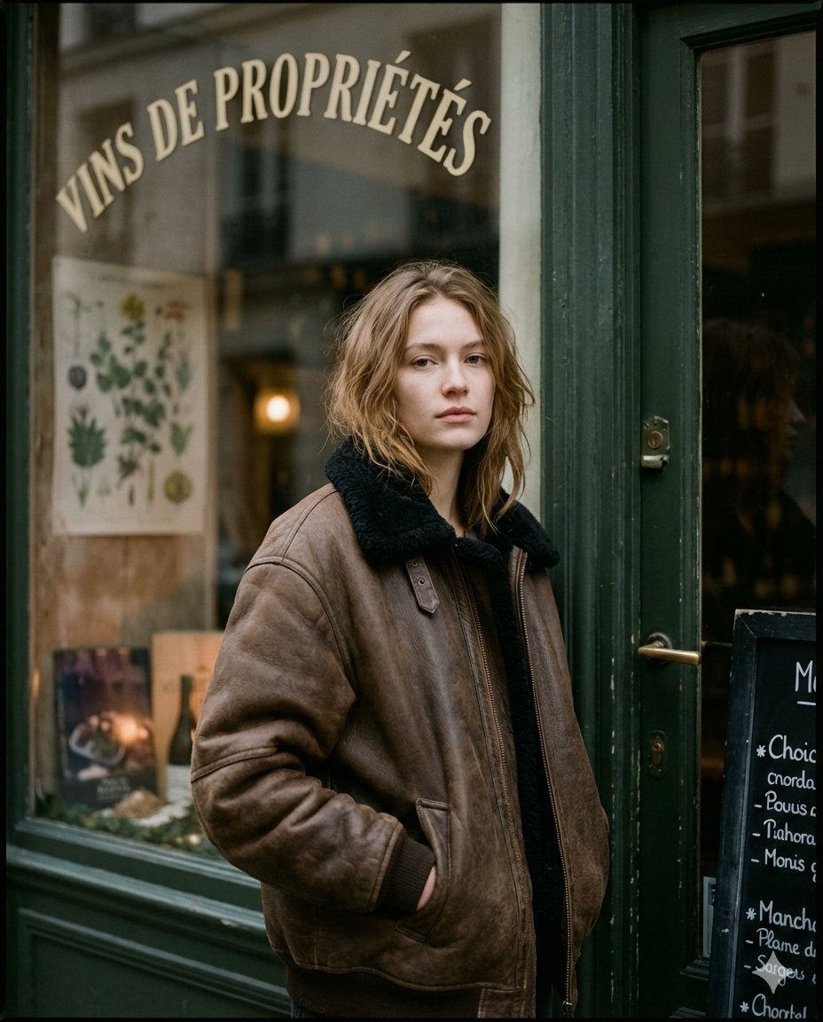 Ultra-realistic moody Paris street editorial portrait, shot outside a vintage shopfront at dusk/ove…