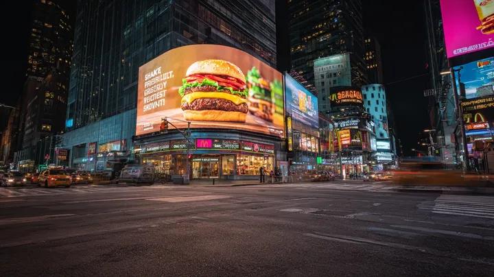 Ultra-realistic cinematic night cityscape inspired by Times Square, New York. A wide-angle street-l…
