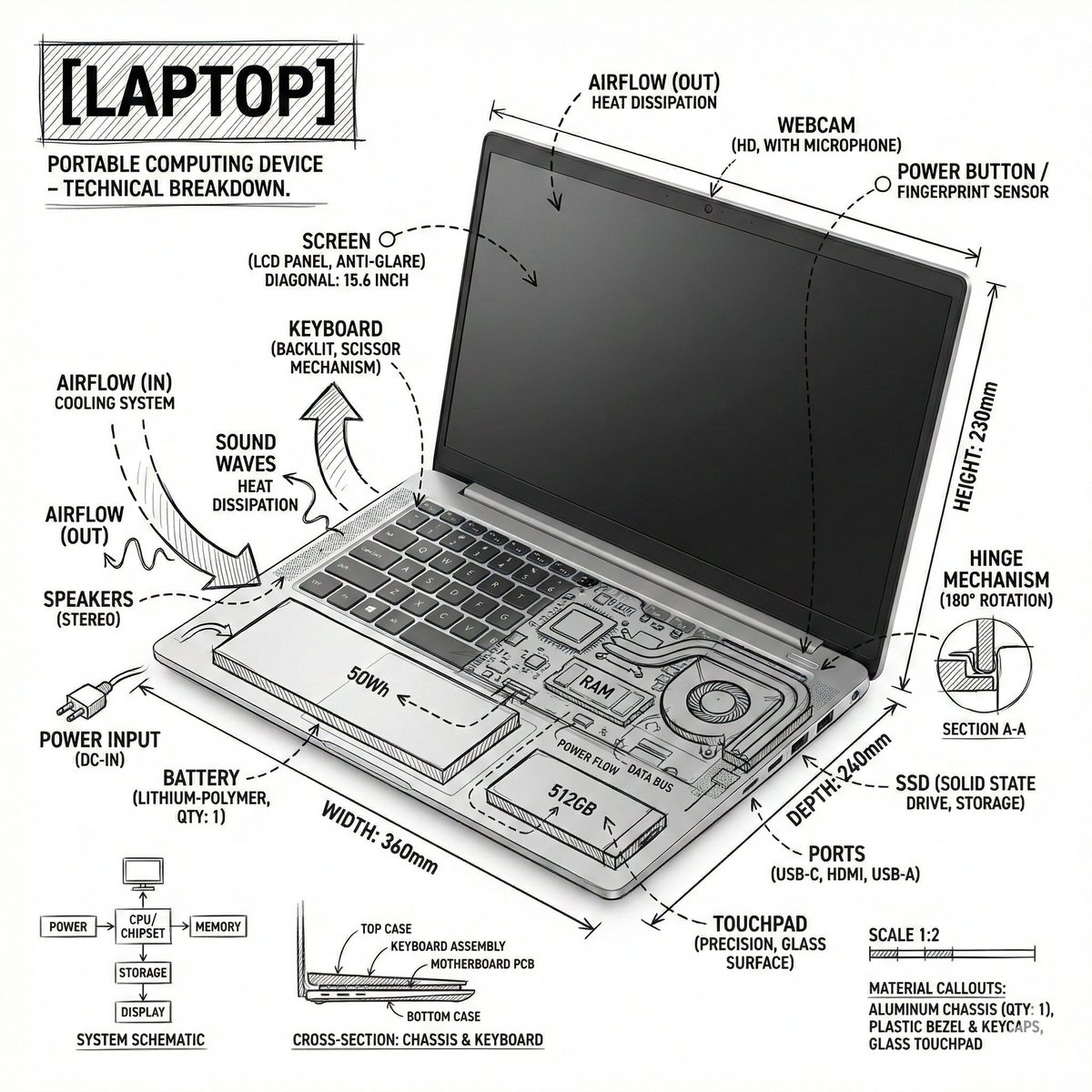 Create an infographic image of laptop ,combining a realistic photograph or photoreal render of the …